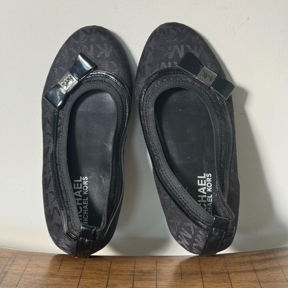 Michael Kors Girls Ballet Flats MK Logo Black Bow Shoes Youth Size 1.5Y EU 32.5